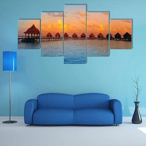 FatAco 5 Paneele Leinwand mit Rahmen Stelzenhäuser auf dem Wasser Bild Kunstdruck Leinwand Gemälde Wandmalerei Home Office Wohnzimmer Schlafzimmer Dekoration Ready to Hang
