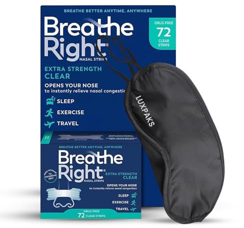 Nasenstreifen, extra stark, transparent, 72 Stück, für abweichende Septumentlastung und Schnarchreduzierung Breathe Right mit LUXPAKS Schlafmaske