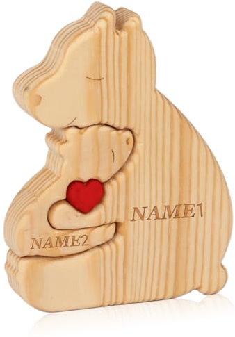 Personalized Wooden Bear Puzzle with Family Name Art Animal Jigsaw Sculpture for Home Table Book Shelf Decoration Gift for Mother’s Day, Birthdays, Christmas Day (Single Parent Bear)
