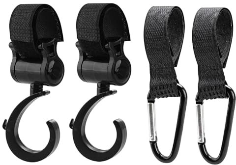 Ganci Passeggino Universali, 4 Pezzi Ganci per Passeggino Rotanti Nero, Ganci per passeggino porta borse,Adatti per Passeggini, Carrelli e Trolley, Facili da Installare e Resistenti