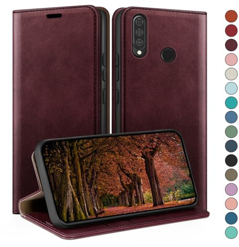 HUOUH für Huawei P30 Lite Hülle mit RFID Schutzhülle aus Lederhülle Handyhülle,Kartenfach Leder ständer Handy hülle,360 Grad Schutz Cover für Huawei P30 Lite Klapphülle Wallet Case Rotwein