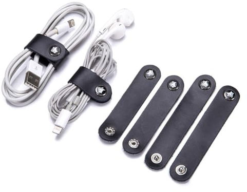 GreatRise 4 Stück Leder Kabelbinder Tragbare Kabelhalter Set Wiederverwendbare Kopfhörer Kabelbinder USB-Kabel Lederband Kabelclips Kabelmanagement für Reise, Zuhause, Schule Und Arbeit Schwarz