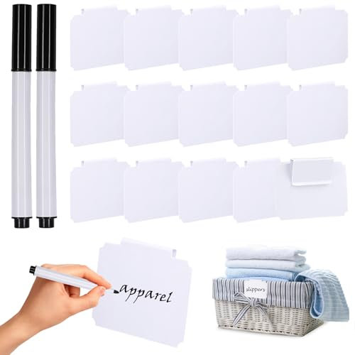 16PCS Labels for Baskets, Plastic Basket Labels On Writable Erasable with 2 Marker pens Chalkboard Label for Storage Bins Fabric Organization Box (White)
