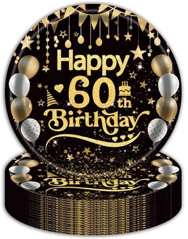 EVYIENEN 50Pcs Black and Gold 60th Birthday Paper Plates,9inch Happy Birthday Disposable Paper Plates Party Decorations for Man Women 60th Party Supplies