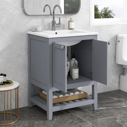 A ALFRESCOOL Mueble de baño individual con armario bajo 60 cm con lavabo de cerámica, gris claro