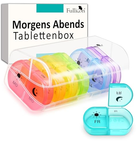 Fullicon Tablettenbox 7 Tage, Pillendose 2x Täglich, Klarer Regenbogen | Fach für 6 Fischöle oder 10 Vitamine, Ein-Finger-Öffnung, Doppelt Sicherer Verschluss, Robuste Scharniere