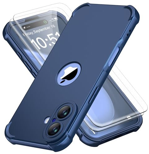 ORETECH for iPhone 16 Case 6.1 inch, with [2 Pack 9H Screen Protector] [Camera Lens Guard] [15FT Military Grade Drop Test] 360° Shockproof Slim Fit Design Rubber Bumper Phone Cover - Blue