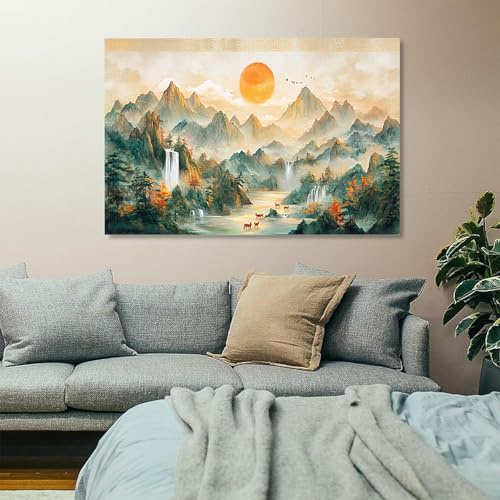 Wandbilder Dekoration Wohnzimmer chinesische Landschaftsmalerei 80x160cm | Bilder auf Leinwand Leinwandbild Schlafzimmer Küche Deko Wand Kunstdruck Art Groß XXL Wanddeko Bild Wall Decor Canvas