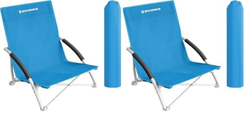 SONGMICS Chaise de Plage, Pliante, Portable, Dossier Haut, Légère, Grande Capacité de Charge, Chaise d'Extérieur avec Sac de Transport, Bleu GCB61S (Lot de 2)