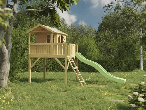 Prestige Garden Stelzenhaus Funny XXL KDI | 285,5x188x303 cm | Kesseldruckimprägniertes Kiefernholz | Mit Veranda, Balkon & 146 cm Podest | 2 Fenster, inkl. Treppe & Blumenkasten | Kinder Spielhaus