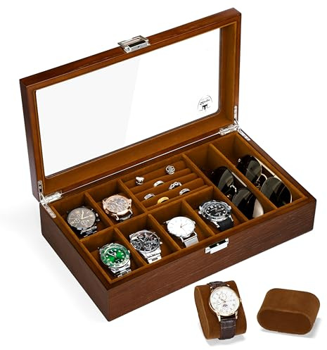 Slege Uhrenbox aus Holz mit 6 Fächer,Sonnenbrillenbox,Uhrenetui für Herren,Uhrenkasten Glasdeckel,Uhrenaufbewahrungsbox und Schmuckkästchen,Uhrenbox Organizer für Männer und Frauen,für Ringe,Ohrringe