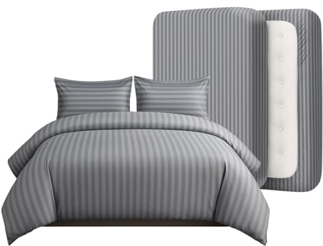 Casabella King Size Duvet Cover Sets - 4 Pc Luxury Duvet Brushed Microfiber Full Set - Duvet Cover, Fitted Sheet & Pillowcase 2 Pack- Soft & Durable Duvet King Size Set - Stripe Silver Bedding