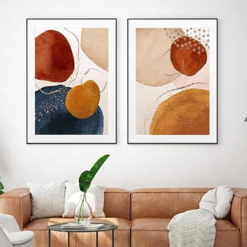 2 Pièces-Art Décor-Peinture Abstraite Géométrique L'Aquarelle Bleu Ciel Orange Rose Poudré Style Bohème Impression Toile Impressions Terracotta Décoration Murale Salon-50*70Cm/20*27Inch (Sans Cadre)