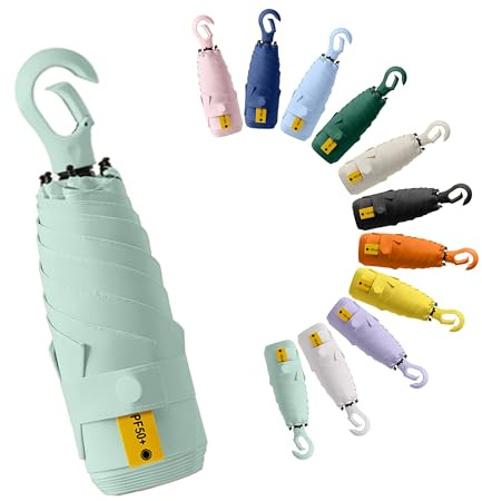 Mini Viaje Sombrilla De Mano Portátil Paraguas Plegable Compacto con Asa De Anilla Mosquetón, UPF 50+ Protección UV,Solar y Lluvia,Bolsillo,Costillas De Fibra De Vidrio, Ligero,Niños Mujeres
