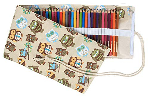 Damero Wrap Leinwand Stifterolle für 72 Buntstifte und Bleistifte Stifteetui Roll-up Mäppchen für Künstler, Verpackung Mehrzwecktasche für Reisen/Schule (Coffee Owls, 48 Hole)