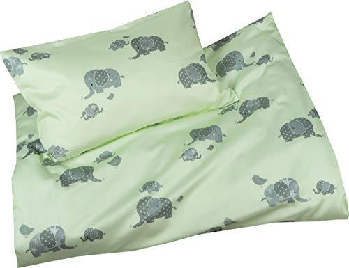Mako Satin Kinder Bettwäsche Set Elefanten grün 100x135 + 40x60, 100% Baumwolle + Reißverschluss