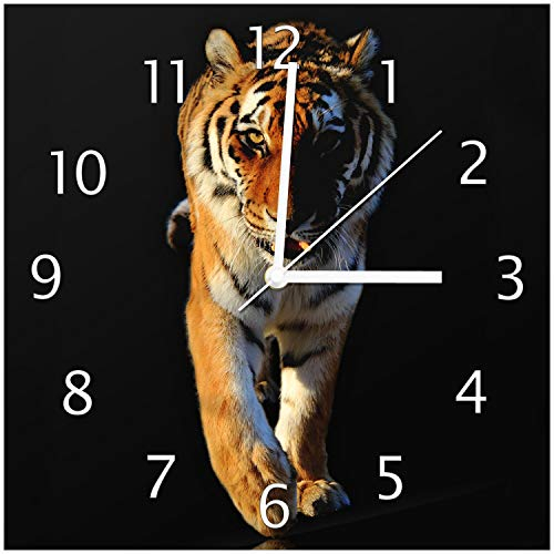 Wallario Design-Wanduhr Laufender Tiger aus Glas, Motiv-Uhr Größe 30 x 30 cm, weiße Zeiger