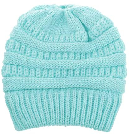 Markcur Damen Strickmütze für Pferdeschwanz Mütze Gestrickt Verdicken Wintermütze Warme Beanie Hut mit Zopfloch Blau