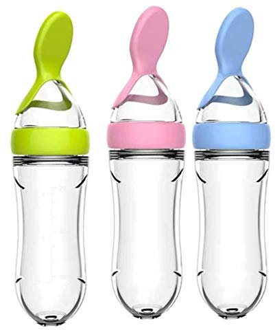 Supvox 3 Piezas de Biberón de Silicona con Cuchara Dispensadora de Herramientas de Vajilla Recién Nacidas para Alimentador de Bebés (Rosa Verde Azul)