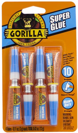 Gorilla Super Glue, Fast‑Setting, Impact‑Tough All‑Purpose Adhesive with Anti-Clog Cap, 4 -3 g Tubes, (Pack of 1) - Clear
