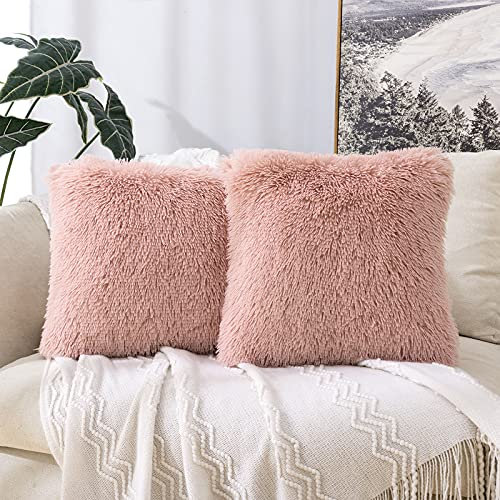 MIULEE Noël Lot de 2 Housse de Coussin en Polyester avec des Poils Fourrure Carré Moderne Confortable Doux Taie d'oreiller Décoration pour Salon Chambre Canapé 40x40CM Rose Foncé