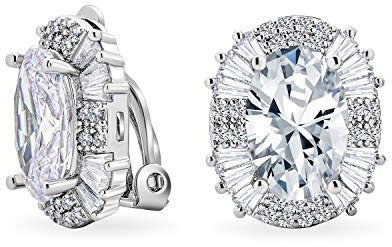 Art-Déco-Stil Mode Formelle Feiertagsparty Braut Große Ovale Klare Kubische Zirkonia Baguette Halo AAA CZ Ohrstecker Clip-On-Ohrringe Für Frauen Hochzeit Nicht Gepierctes Ohr Versilbert