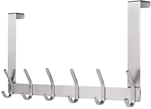 YUMORE Türgarderobe mit 12 Haken Edelstahl Türhaken zum Einhängen - Türfalz bis 4,5 cm Kleiderhaken Handtuchhalter Kleiderbügel Aufbewahrung für Badezimmer Flur Schlafzimmer, Silber, Ohne Bohren