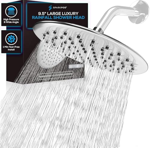 SparkPod 9.5 Inch Large Rain Shower Head - Luxury Rainfall Shower Head - High Pressure Showerhead, Full Body Coverage with Anti-Clog Silicone Nozzles -No Hassle, Easy Install (1/2 NPT, Chrome)
