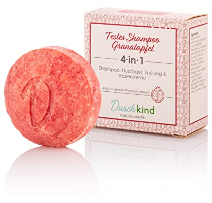 Duschkind Festes Shampoo Granatapfel 4-in-1 – Shampoo | Duschgel | Conditioner | Rasiercreme – fruchtiger Naturduft, Bio-Rizinusöl für normales Haar – vegan, plastikfrei, handgemacht in Deutschland