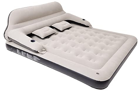 Outraveler Aufblasbares Bett mit Kopfteil und Kissen, Queen-Size, Beflocktes Oberteil, Wasserfest, PVC-Material, 199.6 kg Tragfähigkeit, Beige, Camping, Sofa, Luftmatratze 27461