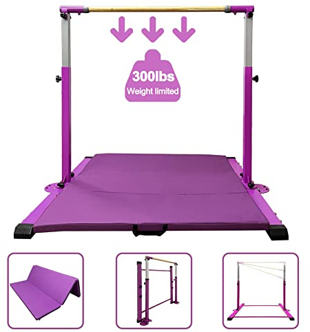 GBVUGY Gymnastics Kip Bar with Mat for Home Indoor Training,Horizontal Bar for Kids Girls Junior,Adjustable Arms from 3' - 5' Gym Equipment,1-4 Levels,300lbs Weight Capacity