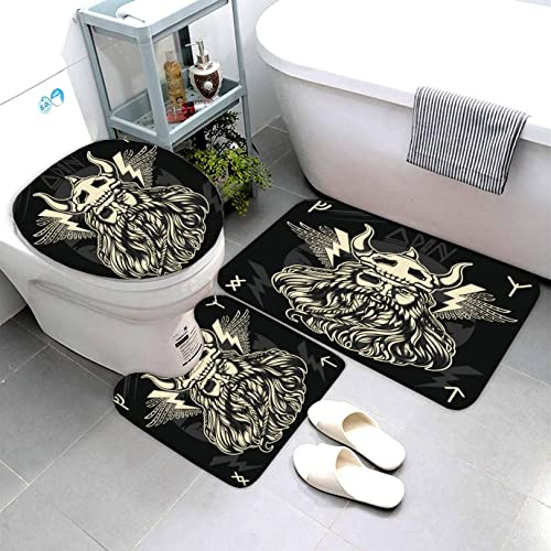 AOLIGL Badezimmermatte Set Nordischer Gott Odin 3D Drucken Vintage Wikinger Teppich Badezimmer Badgarnitur 3teilig Mikrofaser Bath mat U-förmigen Contour Matte- WC Vorleger 40 x60