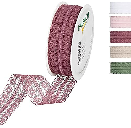 Halbach Spitzenband, 30 mm x 15 m, berry | Spitzenborte als Meterware, zum Nähen, Basteln sowie für Hochzeits- und Tischdekoration