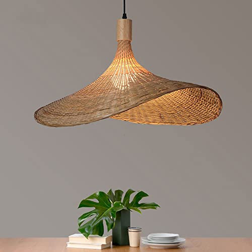 EcoJen Luminaire De Lustre De Chapeau De Paille D'art De Bambou De Boho, Abat-jour Suspendu Simple Tissé À La Main, Lampe À Suspension E27 De Décoration Intérieure De Chambre À Coucher