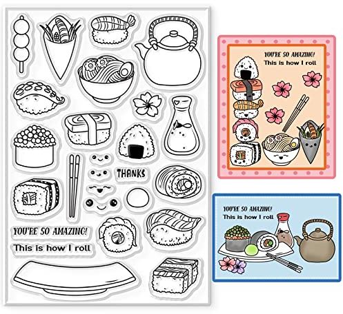 GLOBLELAND Klare Stempel Für Japanisches Essen Für Die Kartenherstellung, Dekoratives Sushi-Thema, Nishiku Onigiri, Transparente Silikonstempel Für DIY Scrapbooking-Zubehör, Prägepapier