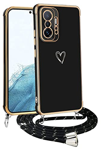 Handyhülle mit Band für Xiaomi Mi 11T / 11T Pro, Handykette Weich TPU Silikon Schutzhülle Kameraschutz Kratzfest Stoßfest Dünn Case Cover, Electroplated Cute Herz Mädchen Hülle,schwarz