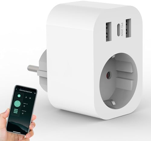 ANTELA Smart Wlan Steckdose mit Strommessung 2 USB A und 1 Typ-C (20W Schnellladen), Alexa/Google Home kompatibel, Stromverbrauch Messen, Smart Life APP, 2,4GHz, 16A 3680W