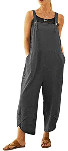 BRONG Salopette da donna casual allentata salopette in morbido cotone e lino tuta da donna ampia con spalline regolabili con tasche, Grigio, S