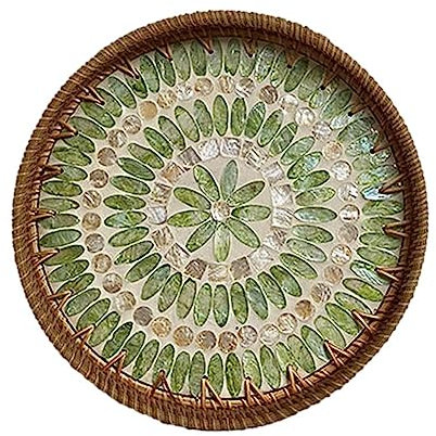 RJSQAQE Round Rattan Serving Tray with Mother of Pearl Inlay,Hand Woven Decorative Eating Tray with Wood Base,Decorative Wicker Baskets Woven Serving Tray for Coffee Table