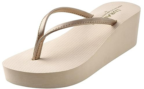 New Front Infradito Donna Zeppa Alto Nero Eleganti Mare Moda Tacco Inclinato Gomma Comfort Estate Sabbia Spiaggia Vacanza Piscine Beige 38