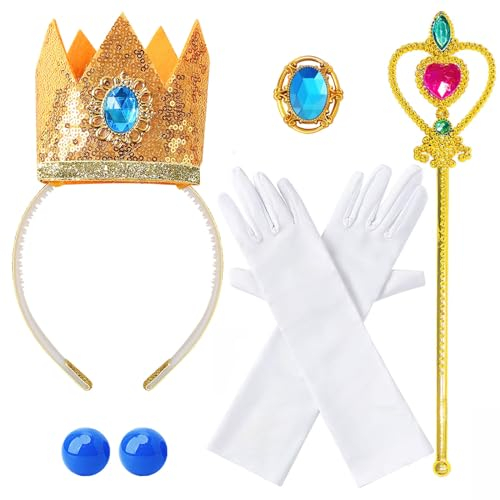 Hifot Prinzessin Kostüme Zubehör Set für Mädchen, Peach Prinzessin Cosplay Zubehör Krone Stab Handschuhe Brosche Ohrringe Geschenk-Sets für kleine Mädchen Halloween Party Cosplay Set