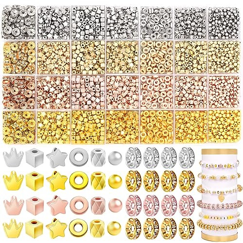 JOISHOP 1700PCS Gold Spacer Beads Bracelet Making Kit, 7 Styles Gold Silver Star Spacer Loose Beads for Bracelet Jewelry Making Crafts for Teen Girls Adults (3mm-7mm)