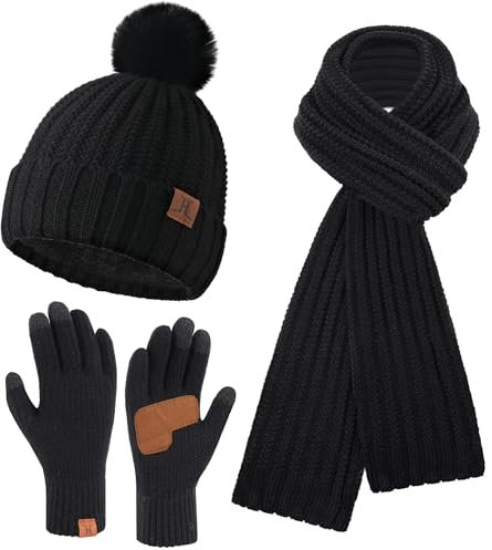Damen Winter Warm Mütze Lang Schal Touchscreen Handschuhe Set, Wintermütze Beanie Strickmütze mit Bommel Schals Rutschfeste Winterhandschuhe mit Fleece Gefütterte Geschenk Frauen, Schwarz