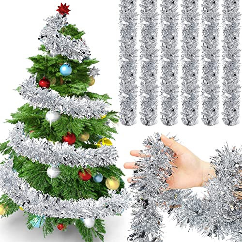 Ghirlanda di Natale Tinsel, 6PCS Ghirlande Metalliche Scintillanti, 12m Ghirlanda Natalizia, Ghirlanda Orpelli Natalizia, Festoni Natalizi per La Decorazione di Interni Ed Esterni di Feste (Argento)