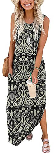 AUSELILY Vestito Lungo Donna Maxi Vestito Estivo Donna Lungo da Spiaggia Mare Vestito T Shirt Donna Lungo con Spacco Laterale e Tasche Boho Floreale Nero1 XL