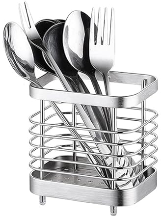 Porte Ustensiles de Cuisine Inox, Panier à Couvert Mural de Cuisine avec Base Détachable pour Couteaux Fourchettes Cuillères, Support de Rangement de Cuisine pour Couverts(Petit argent)