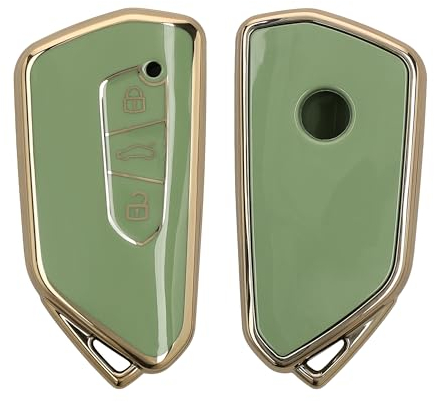 kwmobile Autoschlüssel Hülle kompatibel mit VW Golf 8 3-Tasten Autoschlüssel - Schlüsselhülle Silikon Cover - Grün Gold