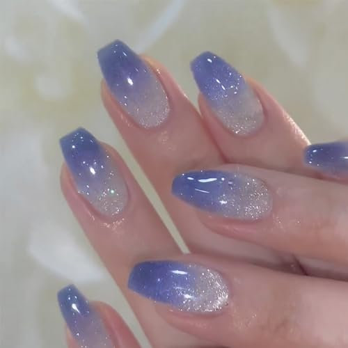 24pcs Short Coffin Glitter Blue Ombre Cat Eye Stick-on Nails - Ballerina Press-on Removable Glue-on Fake Nail Set for Women Brides - Nail Art Accessories