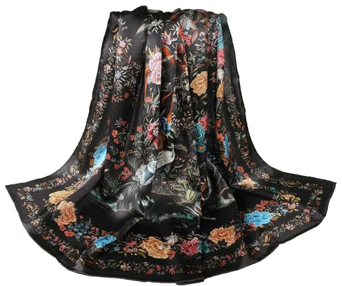 MEISEE 100% Pure Mulberry Silk Scarf 43”*43” Large Square Lightweight Headscarf Women’s Hair Wraps Shawls with Gift Packed (Black Flower)