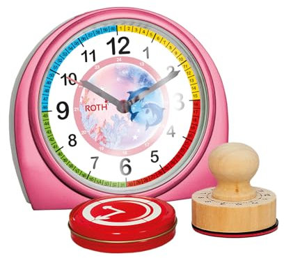 ROTH Lernuhr mit Stempelset - Delfine - Geschenkset aus Kinderwecker und Stempel mit Farbkissen